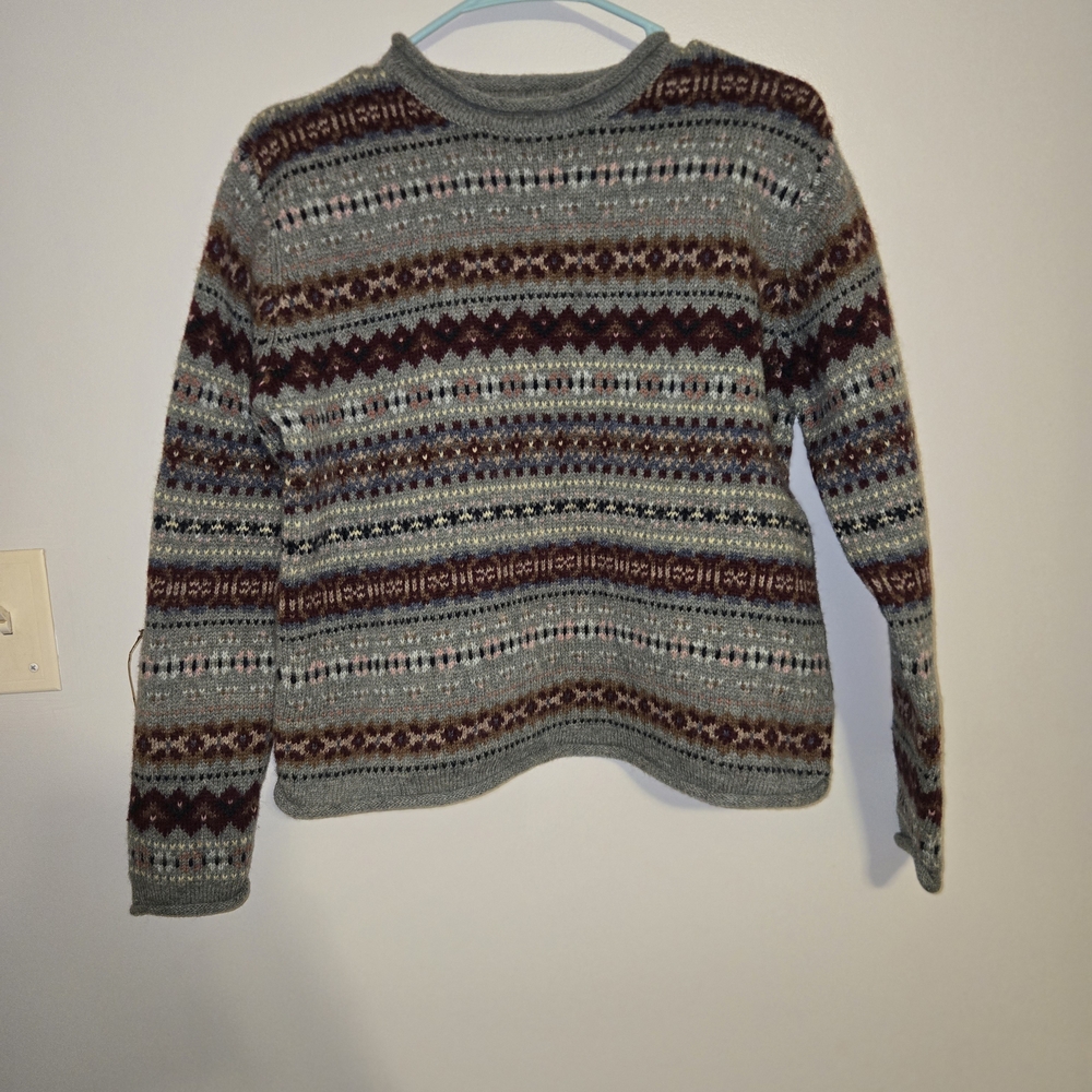 Womens Eddie Bauer Multicolor Fair Isle 100% Wool Crewneck Vintage Sweater Small